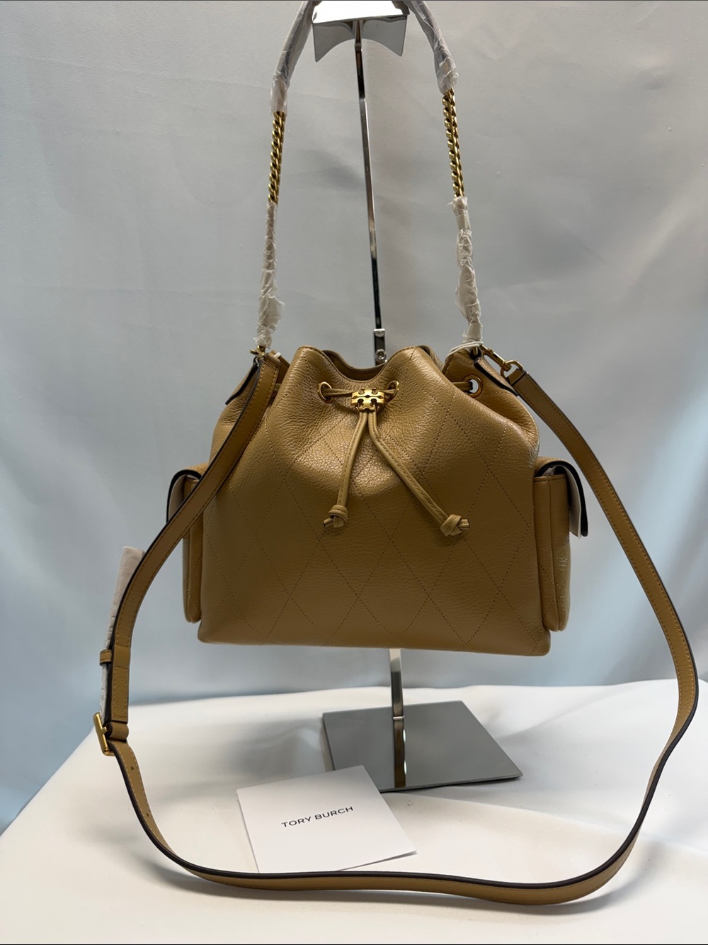 Tory Burch Charlie Quilted Drawstring Shoulder Bag Pecan - Small